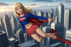 1girls 2d ai_generated alien alien_girl alien_humanoid alien_only boots cape city clothed clothed_female clothing color crop_top dcau evening female female_only flying footwear fully_clothed happy humanoid humanoid_only in_air justice_league_unlimited knee_boots looking_at_viewer outside shirt skirt smile solo sunset supergirl teeth