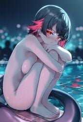 ai_generated barefoot bikini black_hair blurry breasts closed_mouth completely_nude depth_of_field ear_piercing ellen_joe female fish_tail hand_to_own_mouth hands_on_own_knees large_breasts light_blush light_rays looking_at_viewer model_request multicolored_hair nude piercing pink_nails pool raaicave red_bikini red_eyes red_hair shark_girl shark_tail sitting swimsuit tail thighs two-tone_hair wet_body zenless_zone_zero