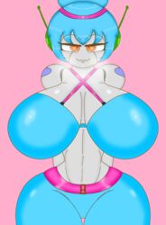 big_breasts blue_hair dressed enormous_breasts front_view heart-shaped_pupils lewdxt looking_at_viewer orange_eyes robot robot_girl robot_humanoid sportswear steaming_body steamy_breath tight_clothing xt459