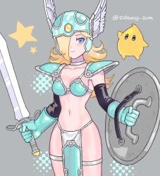 armor big_breasts bikini blue_armor blue_eyes cleavage dragon_quest dragon_quest_iii gloves helmet huge_breasts loincloth luma mario_(series) nintendo one_eye_covered pauldrons platinum_blonde_hair princess_rosalina shield smile smiling soldier_(dq3) subway_sum sword winged_helmet