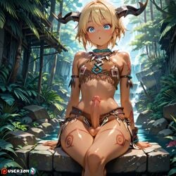 ai ai_generated ass ass_focus big_dick big_penis blonde_hair boner cat_ears erect_penis erection facepaint fangs femboy gay hentai highres horn horns loincloth male male_only massive_penis original_character penis short_hair sitting tanned tattoo trap tribal uncensored userzon warpaint yaoi