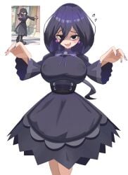 absurdres alternate_breast_size bags_under_eyes black_corset black_dress black_eyes breasts commentary_request corset covered_erect_nipples cowboy_shot dress earrings female flying_sweatdrops ghost_pose gloom_(expression) hair_between_eyes hands_up hex_maniac hex_maniac_(pokemon) hex_maniac_(z-a) highres jewelry juliet_sleeves large_breasts long_hair long_sleeves looking_at_viewer nanukotu nintendo oerba_yun_fang official_art_inset open_mouth pokemon pokemon_legends:_z-a puffy_sleeves purple_nails simple_background skin_fang smile solo sphere_earrings