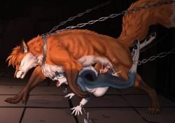 ambiguous_penetration anthro black_pawpads blue_body blue_fur brown_body brown_fur canid canine claws duo female feral fox fur hi_res male male/female mammal pawpads penetration pink_tongue shack_(artist) stomach_bulge teeth tongue white_body white_claws white_fur