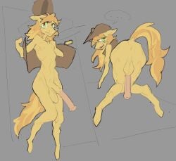 all_fours animal_genitalia animal_penis anthro anus ass backsack balls braeburn_(mlp) clothing cowboy_hat cowhour equid equine equine_genitalia equine_penis femboy friendship_is_magic genitals green_eyes grey_background hasbro hat headgear headwear horse long_penis looking_at_viewer looking_back male mammal my_little_pony nervous penis presenting presenting_hindquarters rear_view shy simple_background solo standing yellow_body