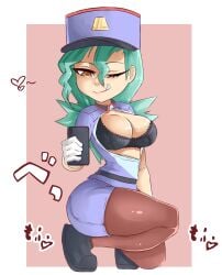 akatosh_el_shota_furro aqua_hair arm_at_side black_bra black_hat black_shoes blue_hat blue_shirt blue_skirt bra breasts brown_eyes brown_pantyhose cellphone cleavage female female_focus from_side full_body gloves half-closed_eye hand_up hat highres holding holding_phone jenny_(pokemon) large_breasts licking_lips lips lipstick long_hair looking_down makeup mature_female mole mole_on_breast nintendo one_eye_closed open_clothes open_shirt pantyhose pencil_skirt phone pink_lips pokemon pokemon_(anime) pokemon_(classic_anime) police police_uniform policewoman selfie shirt shoes short_sleeves skirt smile solo squatting tongue tongue_out two-tone_hat underwear white_gloves