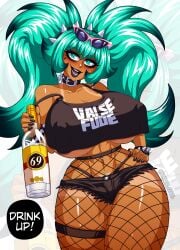 1girls 69 69_(number) aqua_hair big_breasts big_breasts black_clothes black_hair brazilian_miku breasts breasts bronze_skin_color ember_cool eyeshadow female goth goth_girl goth_slut gothic gothified hatsune_miku inviting liquor long_hair looking_at_viewer ponytails sunglasses talking_to_viewer turquoise_hair twintails two_tone_hair visible_thong visible_underwear vocaloid