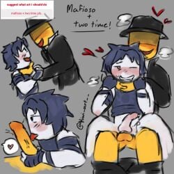 1boy 1nonbinary :) :d anal anal_sex anal_sex black_hat blue_hair eye_closed forsaken_(roblox) hat headwear kiwi_art__ licking_penis mafioso_(dream_game) mafioso_(forsaken) one_eye_closed pant panting roblox smile smiling suit two_time two_time_(forsaken) white_body white_skin yellow_body yellow_skin