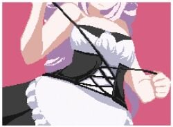 animated belly_expansion breast_expansion indulgences lucy_(indulgences) maid_uniform pink_hair pixel_art tight_clothing