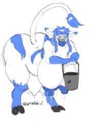 3:4 absurd_res anthro ass big_butt bodily_fluids bovid bovine breast_milking bucket cattle coffe_hybrid coffehybrid container dripping_milk facial_piercing female hi_res huge_butt huge_hips huge_thighs hyper lactating mammal milk nipples nose_piercing nose_ring piercing presenting ring_piercing solo teats thick_thighs tongue tongue_out udders wide_hips