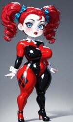 1female 1girls ai_generated big_breasts black_high_heels blue_bow blue_eyes blue_ribbon blush bodysuit bow breasts curly_hair dc dc_comics female female_focus female_only freckles harley_quinn_(classic) harley_quinn_(cosplay) high_heels latex latex_bodysuit latex_clothing latex_suit lips lipstick looking_at_viewer pixai poppy_(poppy_playtime) poppy_playtime red_hair red_lips red_lipstick ribbons slight_smile smile thick_thighs thighs twintails urikoito white_body white_skin wrist_cuffs