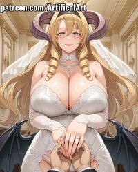 1girls ai_generated artifical_art black_panties blonde_hair bride demon_girl demon_horns demon_wings demoness drill_hair green_eyes hair_ornament hairband horns huge_breasts light-skinned_female light_skin long_hair mammon_(nanatsu_no_taizai) mature_female milf mommy mother panties perfect_body red_lipstick sin_nanatsu_no_taizai string_panties wings