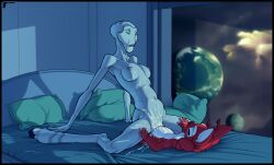 alien bed bodily_fluids breasts chance_(experiment) cowgirl_position cum cum_expulsion cum_in_vagina cum_inside cum_on_belly cum_on_body cum_on_breasts cum_on_chest cum_on_crotch cum_on_face cum_overflow disney duo experiment_(lilo_and_stitch) fan_character female from_front_position furniture genital_fluids grand_councilwoman hi_res larger_female lilo_and_stitch looking_pleasured male male/female mature_female nipples on_bottom on_top penetration petresko pillow sex size_difference smaller_male space vaginal_penetration vaginal_penetration