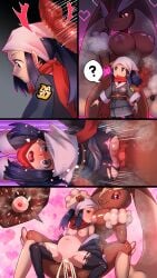 absurd_res akari_(pokemon) anthro asian_clothing big_breasts big_penis blue_hair bodily_fluids breastfeeding breastmilk breasts brown_body censored clothing cum cum_in_vagina cum_inflated_belly cum_inside doggy_style duo east_asian_clothing female from_behind_position fur generation_4_pokemon genital_fluids genitals gynomorph hair hi_res human impregnation intersex intersex/female interspecies japanese_clothing kerchief kimono lagomorph leporid long_hair lopunny mammal milk mosaic_censorship nintendo nipples nude_gynomorph ovum penis pink_nipples pokemon pokemon_(species) pokephilia question_mark rabbit ricethehardcore scarf sex size_difference sperm_cell torn_clothing wool_(fur)