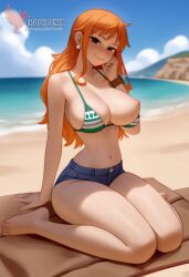 1girls 2d ai_generated areolae ass back bare_shoulders beach big_ass big_breasts bikini bikini_pull bikini_top blue_bikini blue_eyes clothing day erophoenix female female_focus female_only full_body jewelry long_hair looking_at_viewer nami_(one_piece) ocean one_piece orange_hair outdoors pale_skin pale_skinned_female patreon_username pointy_ears purple_hair shorts shounen_jump sitting sky smile solo swimsuit tan tan_lines thick thick_thighs uncensored