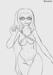 1girls avidita bikini_bottom commission commissioner_upload disney glasses hair_in_mouth kingdom_hearts looking_at_viewer nipple_slip nipples sketch square_enix straps vala_(kingdom_hearts) watermark wet
