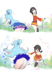 2girls aqua_(konosuba) armpits ass ass_focus bare_legs black_hair blue_eyes curvy dress garden goddess huge_ass japanese_text kadokawa_shoten kono_subarashii_sekai_ni_shukufuku_wo! legs magician megumin no_panties playing size_difference skirt socks surprised teenager water water_spray water_spring wet wit_studio young young_female