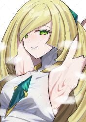 1girls absurdres armpits blonde_hair female green_eyes highres kotou192 long_hair looking_at_viewer lusamine_(pokemon) nintendo pokemon pokemon_sm smile solo steam swept_bangs white_background
