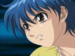00s 1girls 2003 animated areolae ass big_ass big_breasts blue_hair breasts collar female female huge_breasts moonrock nami_sos nude_female power_symbol screencap short_hair solo undressing yamane_chisato
