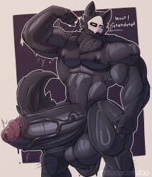 anthro big_penis black_body black_fur black_tail changed_(video_game) erect_penis erection flexing fur furry genitals heavy_balls huge_cock humanoid humanoid_genitalia humanoid_penis inayurinko male mask muscles muscular muscular_male nipples penis puro_(changed) standing tagme tail thick_penis vein veiny_penis