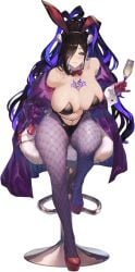 alcohol animal_ears bar_stool bare_shoulders black_background black_hair black_leotard blue_eyes blue_hair blush bow bowtie breasts brown_dust_2 cg cleavage closed_mouth cup detached_collar drinking_glass earrings eclipse_(brown_dust_2) fake_animal_ears female fishnet_legwear fishnet_pantyhose fishnets full_body gloves hair_ornament hair_over_one_eye high_heels highleg holding holding_cup horns huge_breasts jewelry large_breasts leotard long_hair looking_at_viewer mole mole_on_breast multicolored_hair navel off_shoulder official_art pantyhose playboy_bunny purple_coat purple_jacket rabbit_ears red_bow red_bowtie red_footwear red_gloves sitting smile solo standing stool strapless tattoo thighs transparent_background very_long_hair white_gloves wine_glass wrist_cuffs