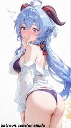 1girls ai_generated amenude_ai ass bikini blue_hair blush collared_shirt fart female ganyu_(genshin_impact) genshin_impact hands_on_face high_quality horn light_skin long_hair long_sleeves open_shirt patreon shirt thighs watermark white_background
