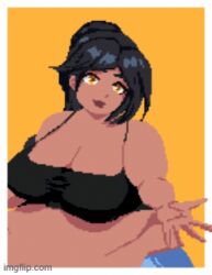 animated ass_expansion belly_expansion breast_expansion clothing_damage dark-skinned_female dark_skin digestion indulgences jeans mia_(indulgences) pixel_art tan_body tight_clothing weight_gain