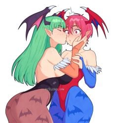 2girls :o ^^^ animal_print antenna_hair ass bat_print bent_over black_leotard blue_pantyhose blue_sleeves blunt_bangs blush breasts bridal_gauntlets brown_pantyhose celebelian closed_eyes commentary cowboy_shot darkstalkers demon_girl demon_wings double-parted_bangs english_commentary frilled_bridal_gauntlets frills green_hair hand_on_another's_cheek hand_on_another's_face head_wings kissing kissing_cheek large_breasts leotard light_blush lilith_(darkstalkers) long_hair morrigan_aensland multiple_girls pantyhose parted_lips pink_eyes pink_hair pointy_ears purple_wings red_leotard red_sleeves red_wings short_hair strapless strapless_leotard surprise_kiss surprised teeth twitter_username watermark wings yuri