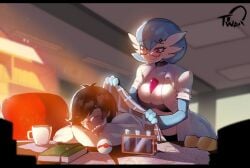 1boy 1girls 2020 artist_signature blanket blanket_covering blue_body blue_hair breasts cleavage cute dr._voir dusk female fully_clothed gardevoir generation_3_pokemon glasses labcoat male nanosheep nintendo pale_skin paper pokeball pokemon sfw sleeping smile sunlight tagme thiccwithaq wholesome