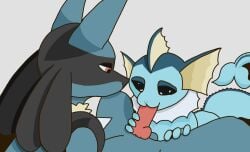 ambiguous_gender animal_genitalia anthro black_eyes blue_body blue_fur canid canine_genitalia duo eeveelution felid feral fur generation_1_pokemon generation_4_pokemon genitals hi_res holding_penis knot lotnik5 lucario male male/ambiguous male_lucario mammal nintendo open_mouth oral penis pokemon pokemon_(species) shaded simple_background simple_shading vaporeon