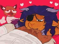 aggressive_retsuko aggretsuko anthro blue_hair bovid caprine clothed clothing ddbsandstormm duo erection eye_patch eyewear fellatio futanari genitals haida haida_(aggretsuko) hair hi_res horn hyena intersex male mammal messy_hair oral penile penis red_background sanrio sex sheep simple_background