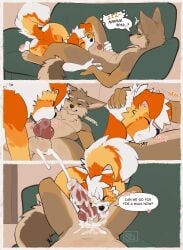 absurd_res animal_genitalia animal_penis anthro ass australian_shepherd ball_suck balls balls_deep big_penis bodily_fluids brown_body brown_fur canid canine canine_genitalia canine_penis canis coyote cum cum_in_mouth cum_inside cum_on_penis cumshot deep_throat dialogue domestic_dog duo ejaculation english_text erection fellatio first_person_view fluffy fluffy_tail fur furniture genital_fluids genitals heart_symbol herding_dog hi_res kanon_(applejacksville) knot male male/male male_pov mammal on_sofa oral oral_penetration orange_body orange_fur pastoral_dog penetration penile penis penis_tip seibear sex sheath sheepdog sofa speech_bubble sucking tail text tukamos_(character) wake_up_sex waking_up