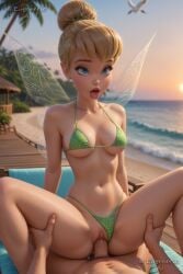 1boy ai_generated artist_name beach beach_chair bikini bikini_bottom_aside blonde_hair blue_eyes breasts clothed_female_nude_male clothing_aside collarbone cowgirl_position day disney eugenericai fairy fairy_wings female green_bikini hair_bun highleg highleg_bikini m_legs medium_breasts navel nude ocean open_mouth outdoors palm_tree penis peter_pan_(disney) pov pussy saliva sex short_hair single_hair_bun solo_focus spread_legs straddling straight swimsuit tinker_bell tongue tongue_out tree uncensored vaginal_penetration water wings