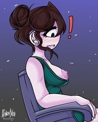 ahoykoi areola bench blue_background blush breasts brown_hair dress earrings exclamation_mark exposed_breasts female jaiden jaiden_animations koianimations nipples notice sideway sitting surprised white_skin youtube youtuber