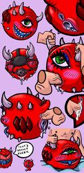 anal ass blowjob blush cacodemon_(doom) cum cum_in_pussy cum_inside doom english english_text fellatio horns interspecies kakothecruiser one_eye oral penis purple_background pussy red_skin waddling_head