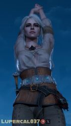 3d breasts cd_projekt_red ciri clothing female freckles green_eyes light-skinned_female looking_at_viewer low-angle_view lupercal mascara night nipples_visible_through_clothing no_bra scar solo solo_female the_witcher_(series) the_witcher_3:_wild_hunt wet_clothing white_hair witcher_medallion