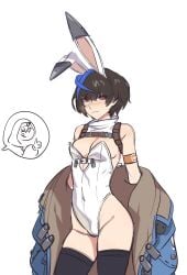 2girls adapted_costume animal_ears armlet black_hair blue_jacket blue_streaks blush breasts bridget detached_collar fake_animal_ears guilty_gear guilty_gear_strive harness highleg highleg_leotard highres jacket jewelry leotard mokotoko9 multicolored_hair off_shoulder playboy_bunny rabbit_ears simple_background solo_focus spoken_character streaked_hair thighhighs thumbs_up unika_(guilty_gear) wavy_mouth