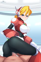 1boy 1girls alia ass big_ass big_breasts black_bodysuit blonde_hair blue_eyes blush bodysuit breasts censored_penis clothed_sex clothing cum cum_in_pussy cum_inside female male mega_man mega_man_x penis pussy reploid reverse_cowgirl_position robarts_hallway robot_girl sex short_hair smile vaginal_penetration white_gloves