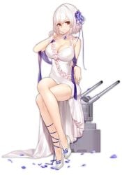 alternate_costume azur_lane bare_legs bare_shoulders black_background blue_gemstone blush breasts cannon cg choker cleavage closed_mouth collarbone crossed_legs dress female flower full_body gem hair_between_eyes hair_flower hair_ornament hair_ribbon halter_dress halterneck hand_on_own_face hand_up high_heels jewelry large_breasts leg_ribbon looking_at_viewer official_alternate_costume official_art petals purple_flower purple_ribbon red_eyes rigging rose shoes short_hair simple_background sirius_(azur_lane) sirius_(white_rose)_(azur_lane) sitting sleeveless sleeveless_dress solo thighs transparent_background turret white_dress white_footwear white_hair