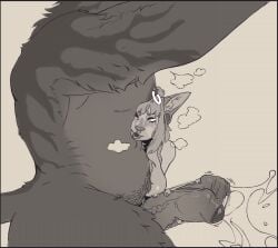 anthro big_penis bodily_fluids breasts canid canine canis cum duo felid feline female foreskin genital_fluids genitals handjob hi_res huge_cock male male/female mammal nipple_piercing nipple_ring nipples nude penile penis piercing pubes ring_piercing sex size_difference taihab wolf