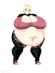 animated ass_expansion belly_expansion blonde_hair breast_expansion digestion indulgences pixel_art rebecca_(indulgences) tight_clothing
