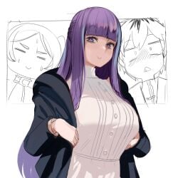 1boy 2girls :> black_coat blunt_bangs blush breasts coat dress fern_(sousou_no_frieren) frieren hands_on_own_chest high_collar highres large_breasts long_hair looking_at_viewer multiple_girls purple_eyes purple_hair sho-n-d sidelocks simple_background sousou_no_frieren stark_(sousou_no_frieren) straight_hair sweatdrop upper_body white_background white_dress