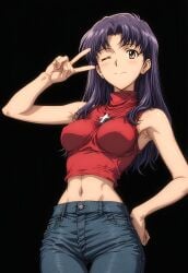 aegyo ai_generated bangs bare_shoulders blush female female_only long_hair looking_at_viewer misato_katsuragi necklace neon_genesis_evangelion parted_bangs peace_sign pendant purple_hair smile solo standing