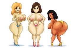 3girls areolae ass bent_over big_ass big_breasts black_hair blonde_hair bottom_heavy breasts brown_hair bubble_butt busty dark-skinned_female dark_skin dat_ass fat_ass female female_only guest_d guest_e guest_f heels huge_ass huge_breasts large_ass large_breasts light-skinned_female light_skin looking_at_viewer looking_back maikyoh massive_ass mii nintendo nipples panties png shoes thick_ass thick_thighs topless white_background wide_hips wii