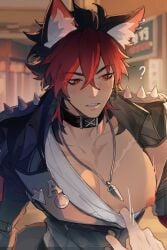 1boy big_breasts big_pecs black_hair choker colored dog_ears fully_clothed hoyoverse komano_manato muscular muscular_male nipples red_eyes red_hair solo_focus thiren zenless_zone_zero