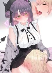 2girls absurdres belt blush bra_visible_through_clothes braid breasts censored closed_eyes cunnilingus demon_horns demon_tail earrings frills green_eyes hand_on_another's_head hat highres hololive horns jewelry large_breasts momosuzu_nene multiple_girls oral oyashiro_ooo purple_hair pussy skirt suspender_skirt suspenders sweater tail tokoyami_towa tokoyami_towa_(jirai_kei) virtual_youtuber yuri