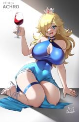 1girls achromaru alcohol alternate_breast_size bare_shoulders blonde_hair blue_eyes blush breasts crown cup dress drinking_glass earrings female hair_over_one_eye holding jewelry large_breasts long_hair looking_at_viewer mario_(series) nintendo open_mouth princess_rosalina rosalina simple_background smile solo star_(symbol) star_earrings super_mario_galaxy wine wine_glass