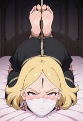 ai_generated blonde_female blonde_hair bondage boruto:_naruto_next_generations boruto:_two_blue_vortex delta_(boruto) earrings feet_tied feet_together forehead_mark mouth_covered naruto naruto_(series) pink_eyes soles tied_up toes toes_tied