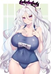 aged_up big_breasts blue_archive demon_girl gehenna_academy_student halo highres hina_(blue_archive) hina_(swimsuit)_(blue_archive) huge_breasts long_hair lovesexieie non-canonical_breasts non-canonical_size prefect_team_(blue_archive) skin_tight swimsuit swimwear
