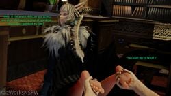 1boy 1boy1girl 1girls 3d 3d_(artwork) 3d_background 3d_model 3d_render 8k clothed feet feet_focus feet_together feet_up female final_fantasy final_fantasy_xiv foot_fetish foot_focus foot_worship hi_res highres holding_feet kazworksnsfw male miqo'te square_enix y'shtola