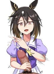 1boy absurdres animal_ears black_hair black_pubic_hair bow bowtie brown_hair cowboy_shot cum ear_covers ejaculation female gradient_hair highres horse_ears horse_girl large_penis male_pubic_hair medium_hair multicolored_hair open_mouth penis pleated_skirt pov pubic_hair puffy_short_sleeves puffy_sleeves purple_bow purple_bowtie purple_shirt school_uniform shirt short_sleeves simple_background skirt slapping_penis smile solo_focus stay_gold_(umamusume) straight summer_uniform tracen_school_uniform umamusume uncensored white_background white_skirt wuwusan